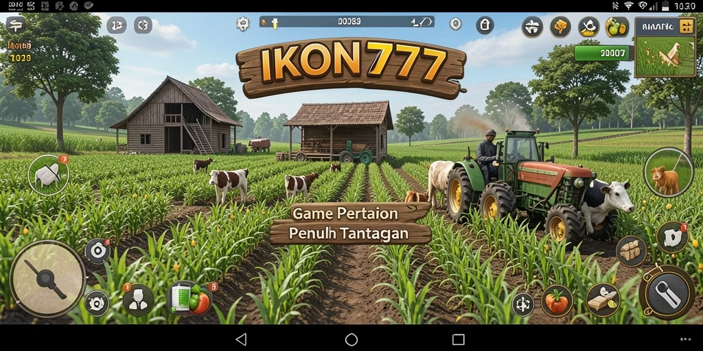 Tangkapan layar gameplay IKON777 menampilkan ladang yang subur dan aktivitas bertani.