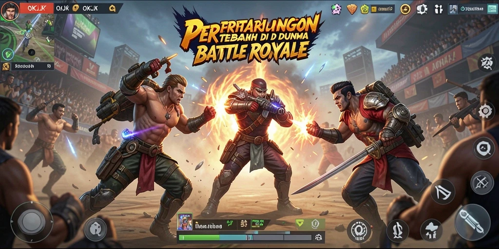 Tampilan gameplay OKJK menunjukkan pertempuran intens di arena Battle Royale.