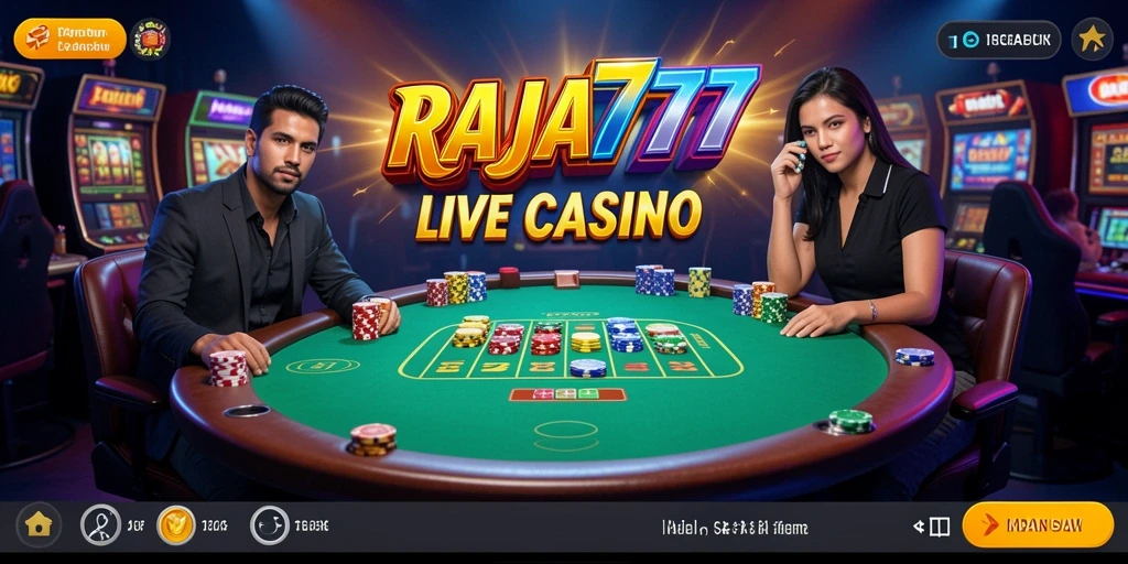 Screenshot gameplay RAJA777 dengan dealer langsung dan suasana kasino yang menarik.