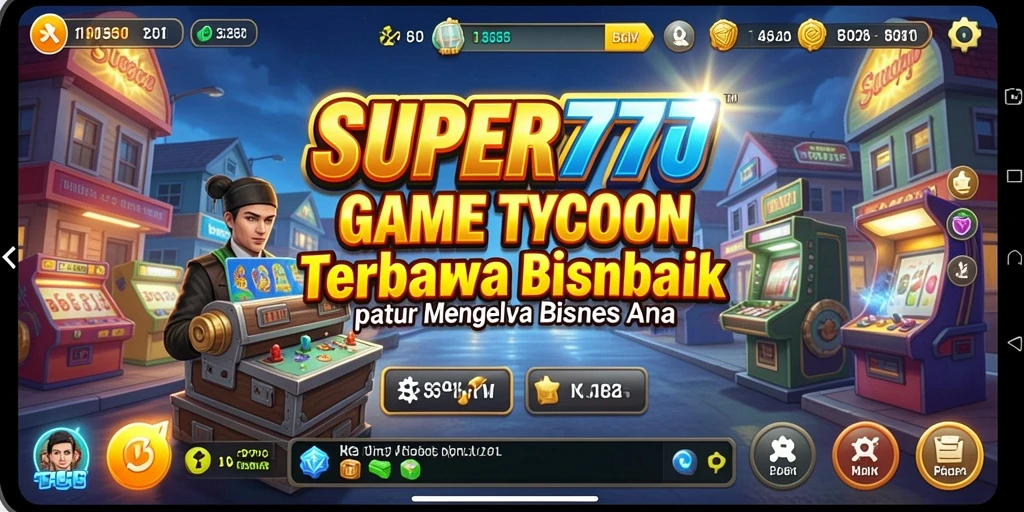 Tangkapan layar dari gameplay SUPER777 yang menggambarkan keseruan manajemen bisnis.