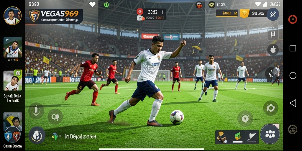 Screenshot menampilkan aksi gameplay sepak bola yang seru.